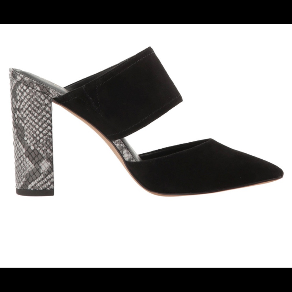 BCBG suede mule with snake print heel